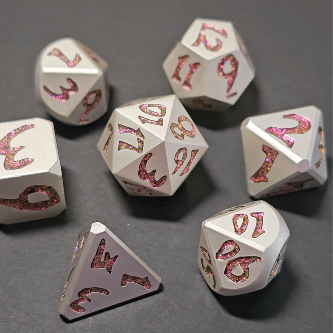Set de dé aluminium paillette rose pour jeu de rôle (Ref 7)