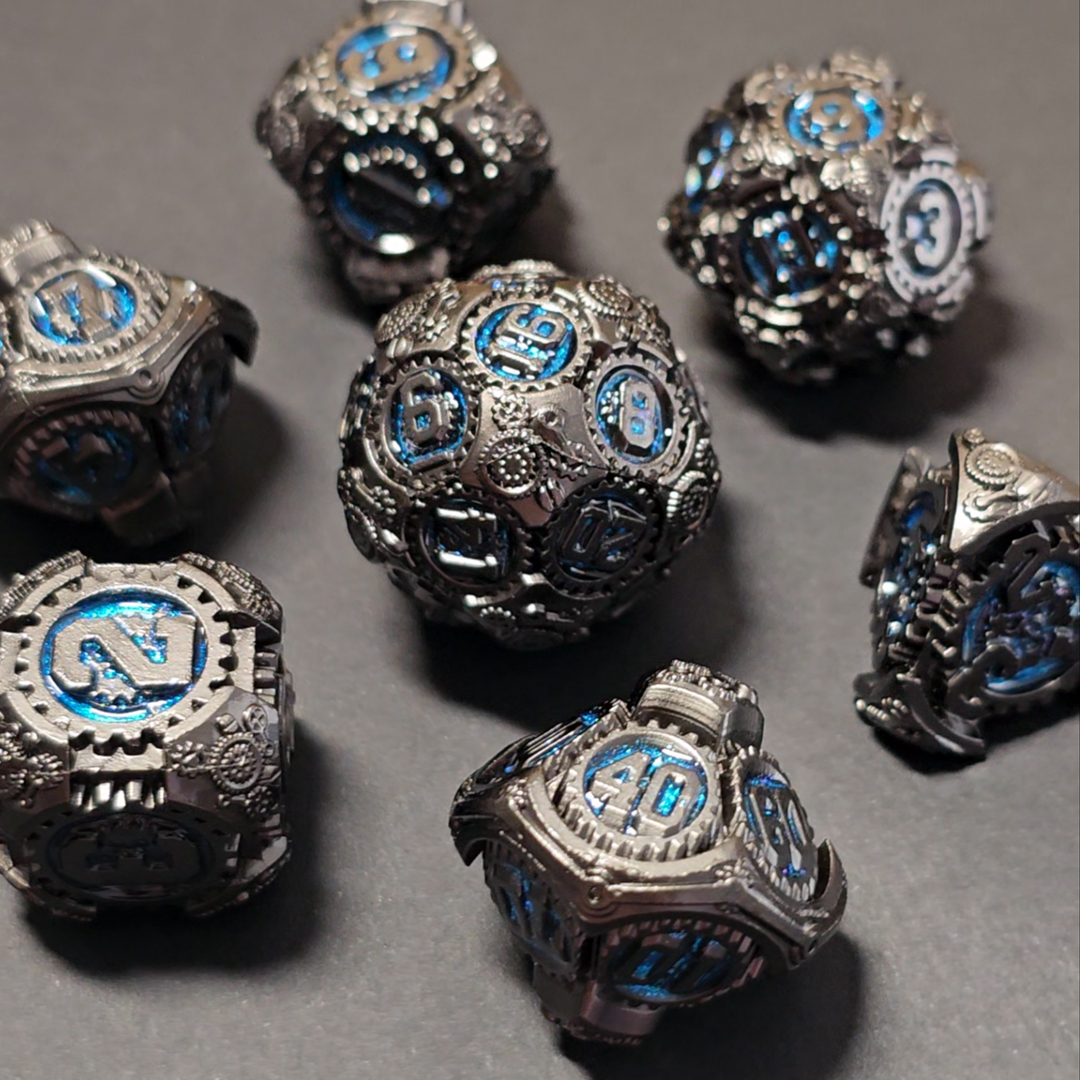 Set de dé plein engrenage acier/bleu pour jeu de rôle (Ref 22)