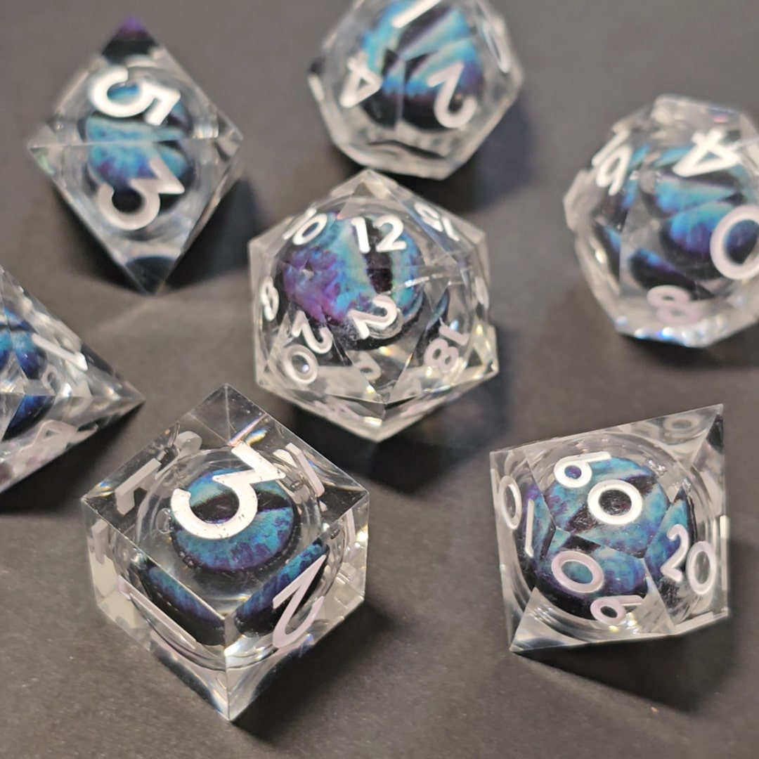 Set de dé epoxy avec oeil bleu de dragon qui bouge pour jeu de rôle (Ref 3)