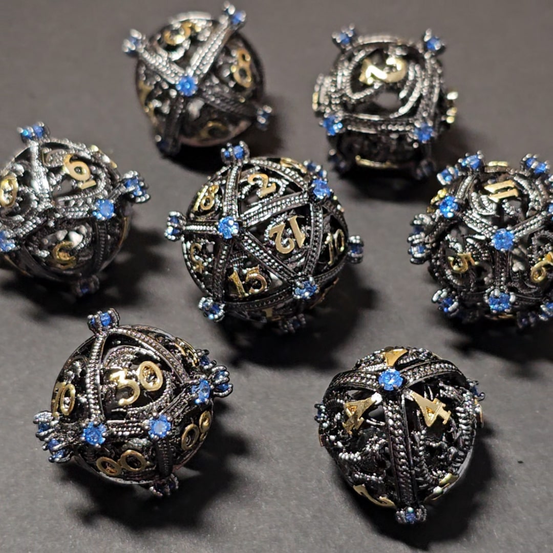 Set de dé rond avec joyaux noir/doré pour jeu de rôle (Ref 24)