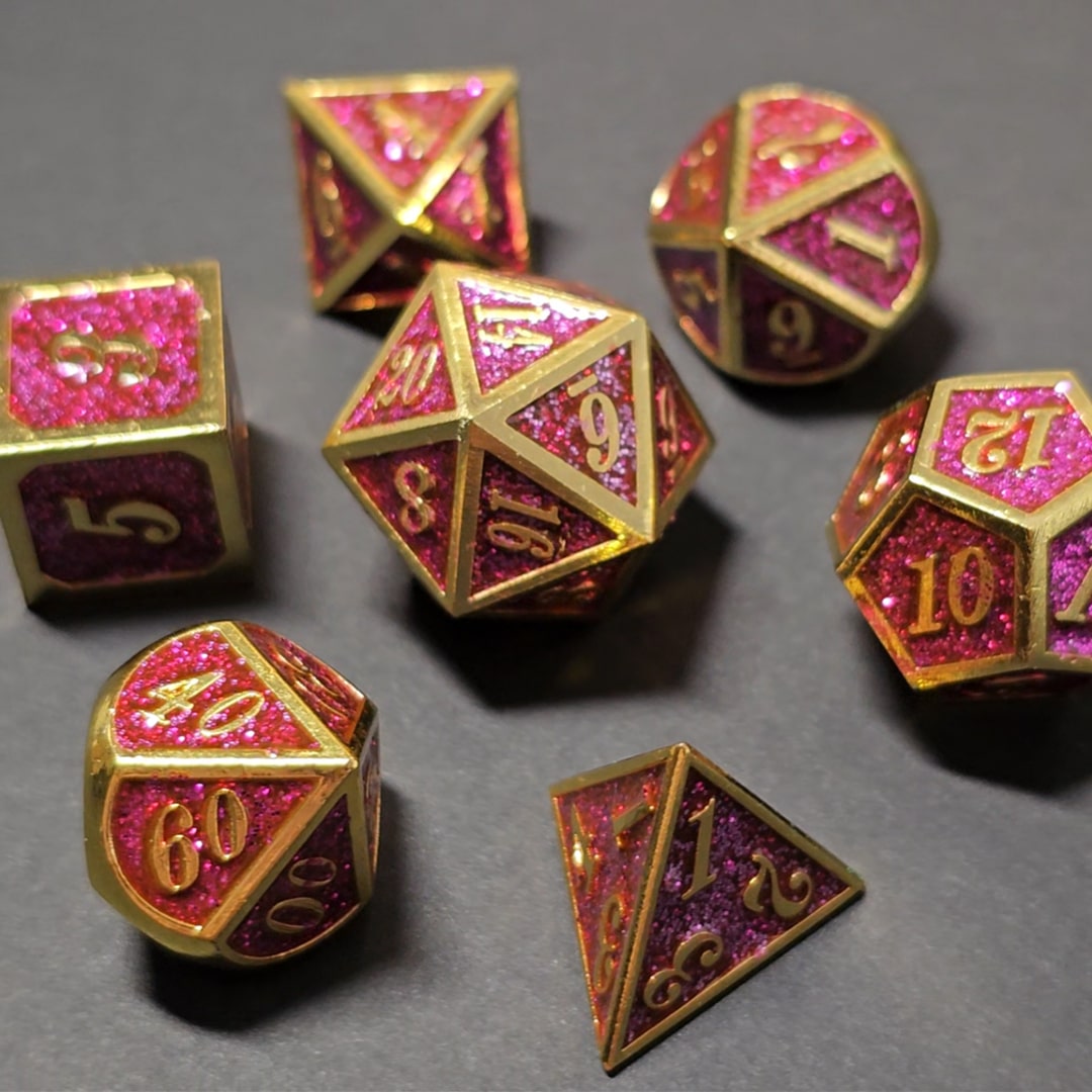 Set de dé plein violet paillette/doré pour jeu de rôle (Ref 9)
