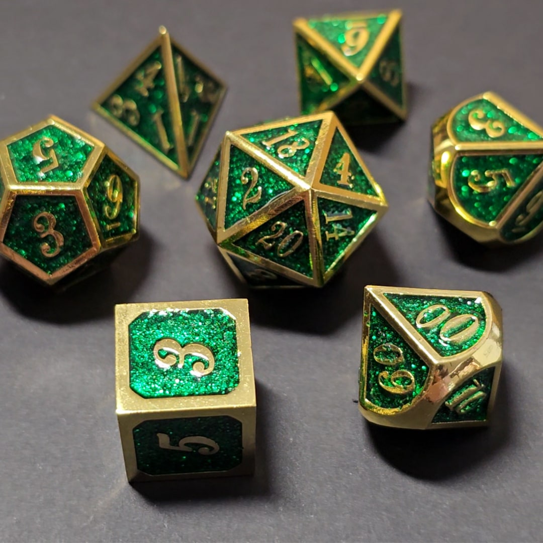 Set de dé plein vert paillette/doré pour jeu de rôle (Ref 16)