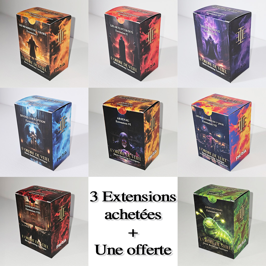 Rattraper le train en marche ! 3 Extensions achetés une offerte pour L'Ordre de Veiel : Deck building tactique